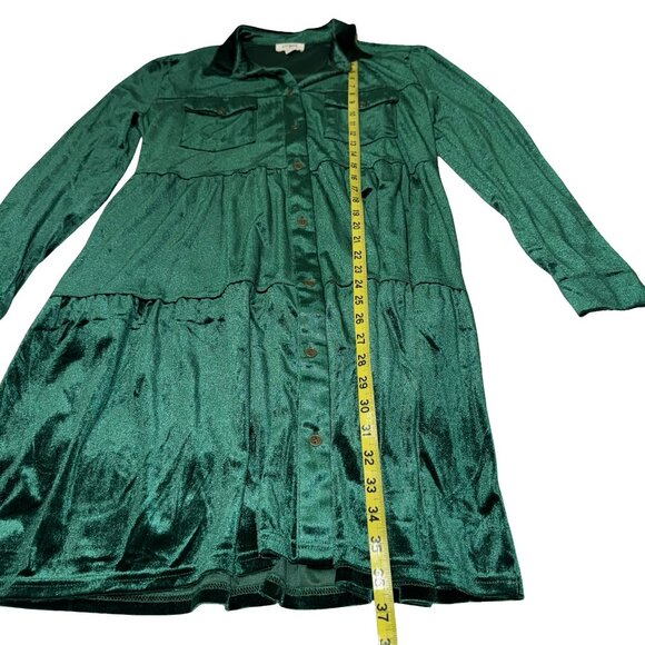 Umgee Royal Green Velour/Velvet Long Sleeve Button Down Collared Dress Sz M - Picture 6 of 10